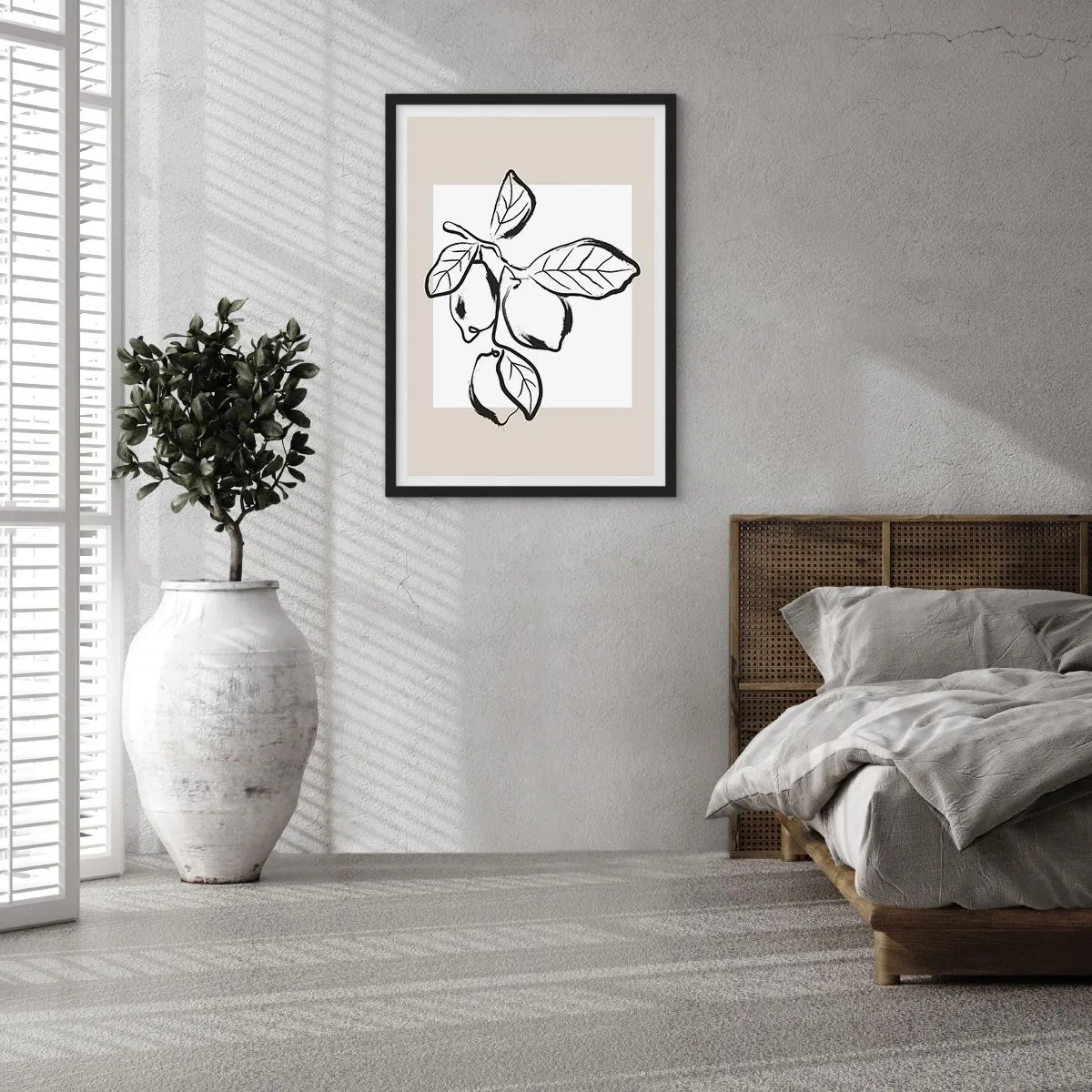 Plakát v černém rámu - Minimalistická ilustrace citronové větve v černobílém stylu. - 50x70cm - Kde citron dozrává… - Moderní nástěnná dekorace do obývacího pokoje a ložnice ARTTOR