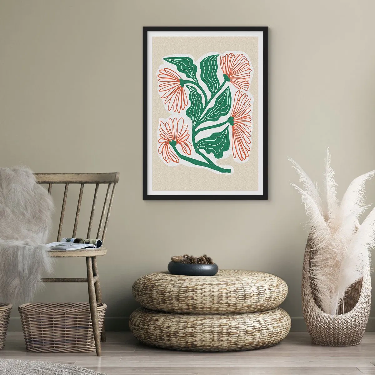 Plakát v černém rámu - Abstraktní motiv květin a listů na béžovém pozadí - 50x70cm - Lidové i moderní - Moderní nástěnná dekorace do obývacího pokoje a ložnice ARTTOR