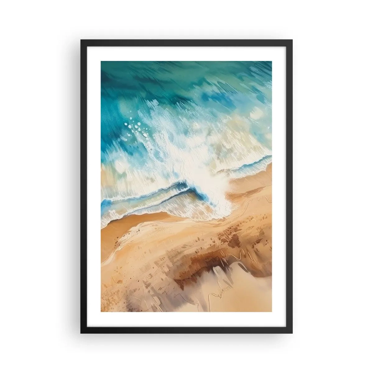 Plakát v černém rámu - Abstraktní scéna vlny narážející na břeh v odstínech tyrkysové a písku. - 50x70cm - Vlna, která se vrací - Moderní nástěnná dekorace do obývacího pokoje a ložnice ARTTOR