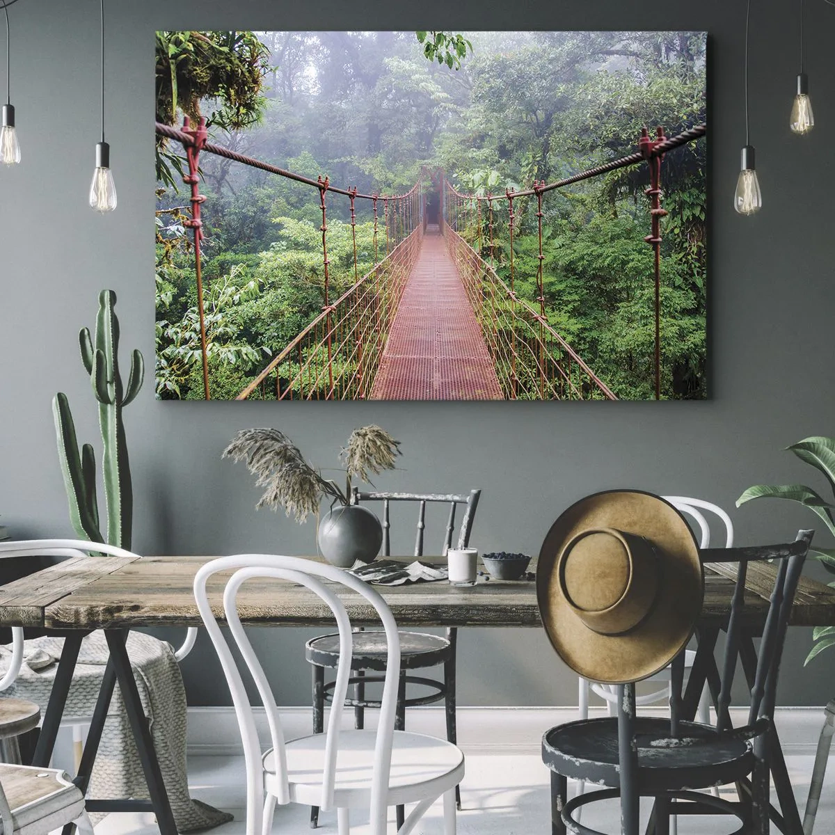 Obraz na plátně - Visutý most v tropické džungli obklopený mlhou - 70x50cm - Zavěšený nad korunami - Moderní nástěnná dekorace do obývacího pokoje a ložnice ARTTOR