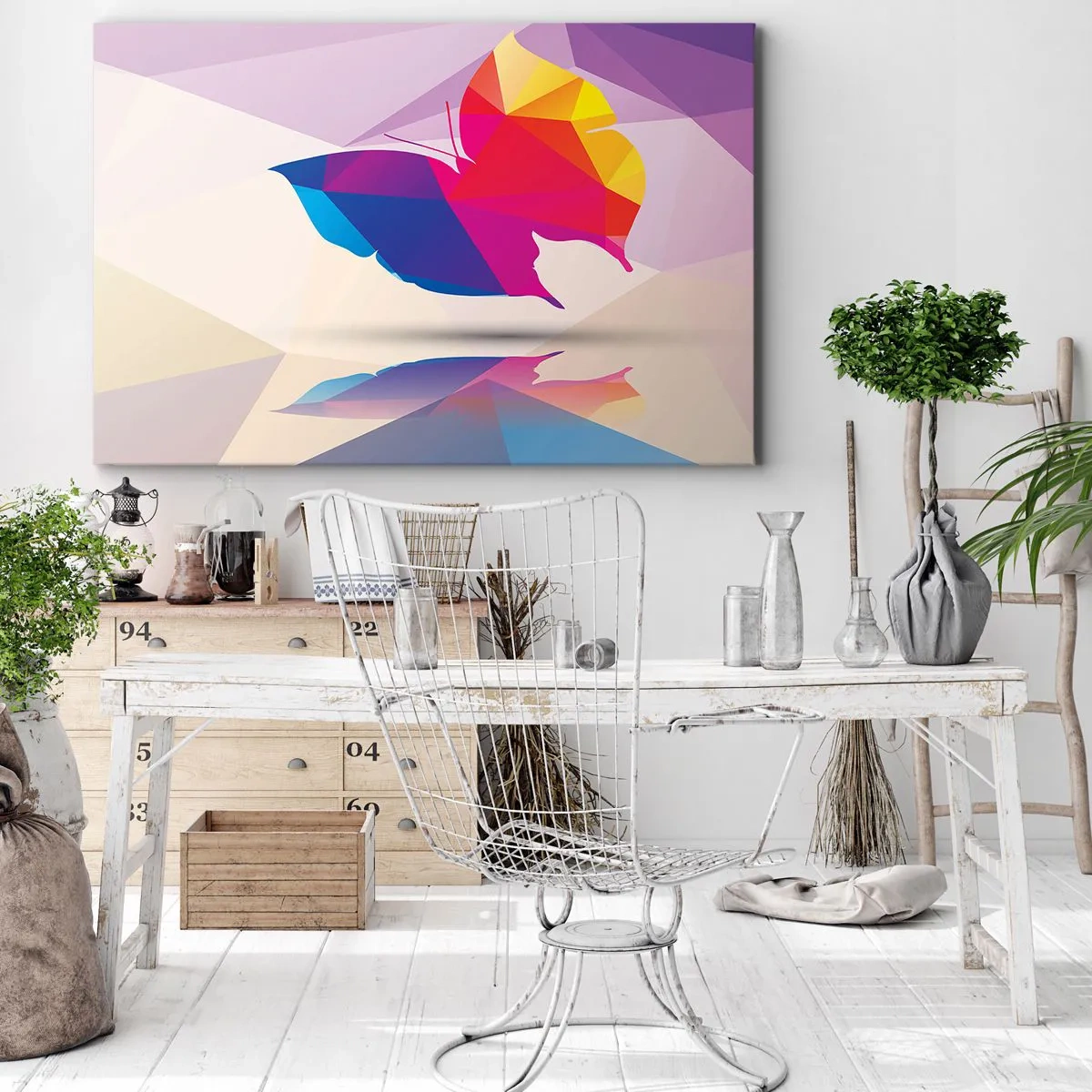 Obraz na plátně - Geometrická silueta motýla v zářivých barvách - 70x50cm - Motýlí duha - Moderní nástěnná dekorace do obývacího pokoje a ložnice ARTTOR