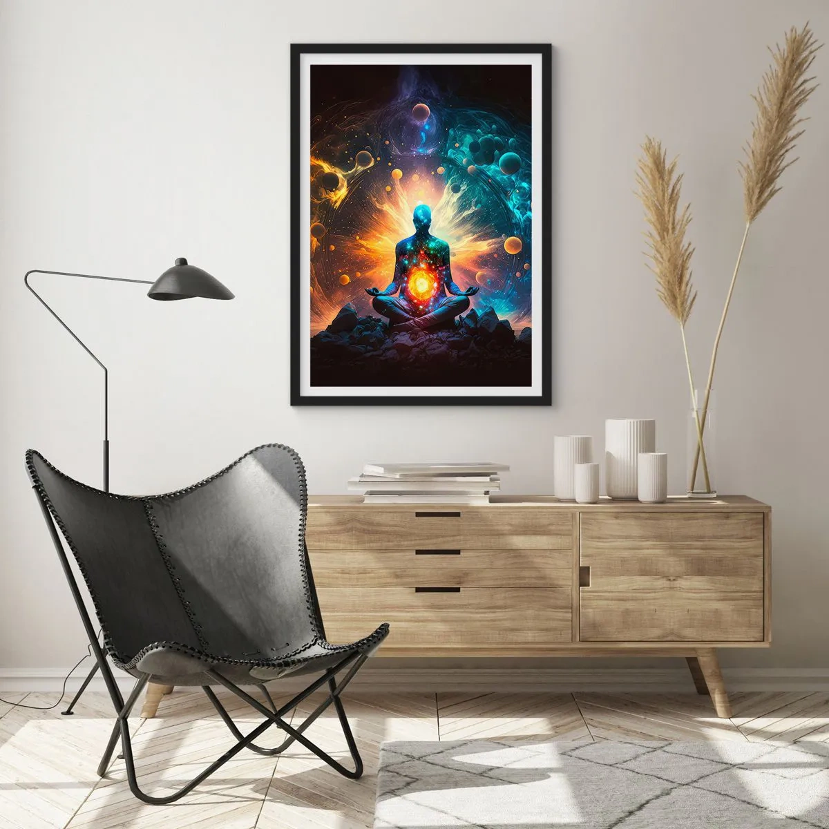 Plakát v černém rámu - Meditující postava v kosmické auře plné energie - 50x70cm - Vesmírný klid - Moderní nástěnná dekorace do obývacího pokoje a ložnice ARTTOR