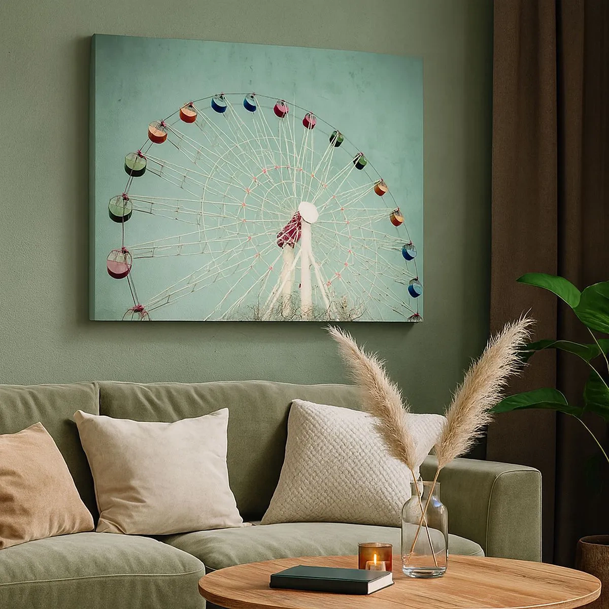 Obraz na plátně - Barevné ruské kolo proti modré obloze v retro stylu - 70x50cm - Zveme vás k zábavě - Moderní nástěnná dekorace do obývacího pokoje a ložnice ARTTOR