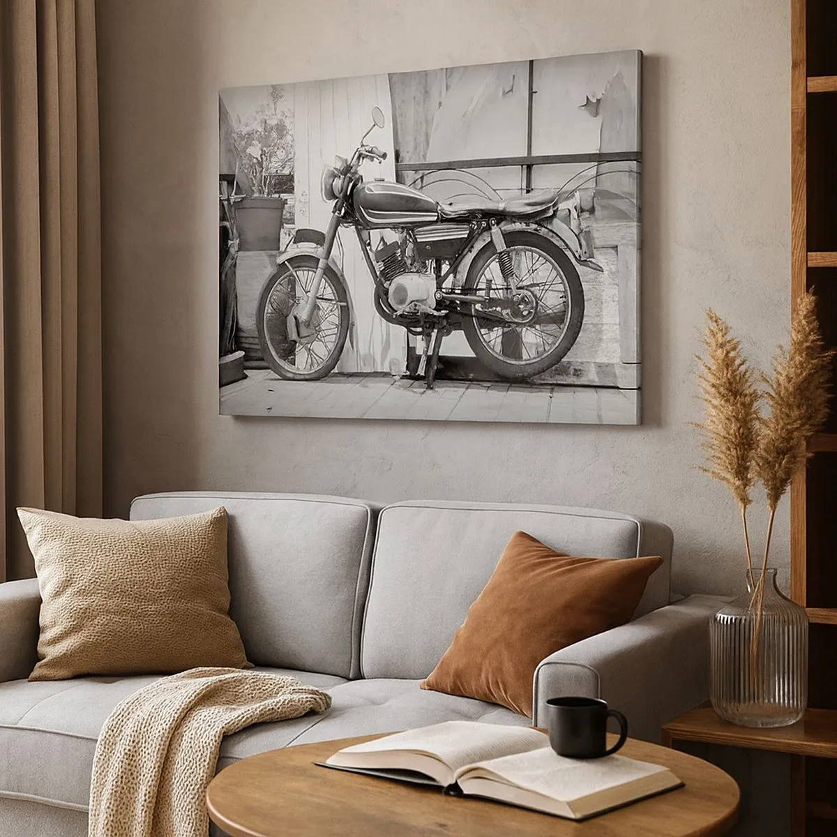 Obraz na plátně - Černobílá fotografie klasického motocyklu - 70x50cm - Klasika nade vše - Moderní nástěnná dekorace do obývacího pokoje a ložnice ARTTOR