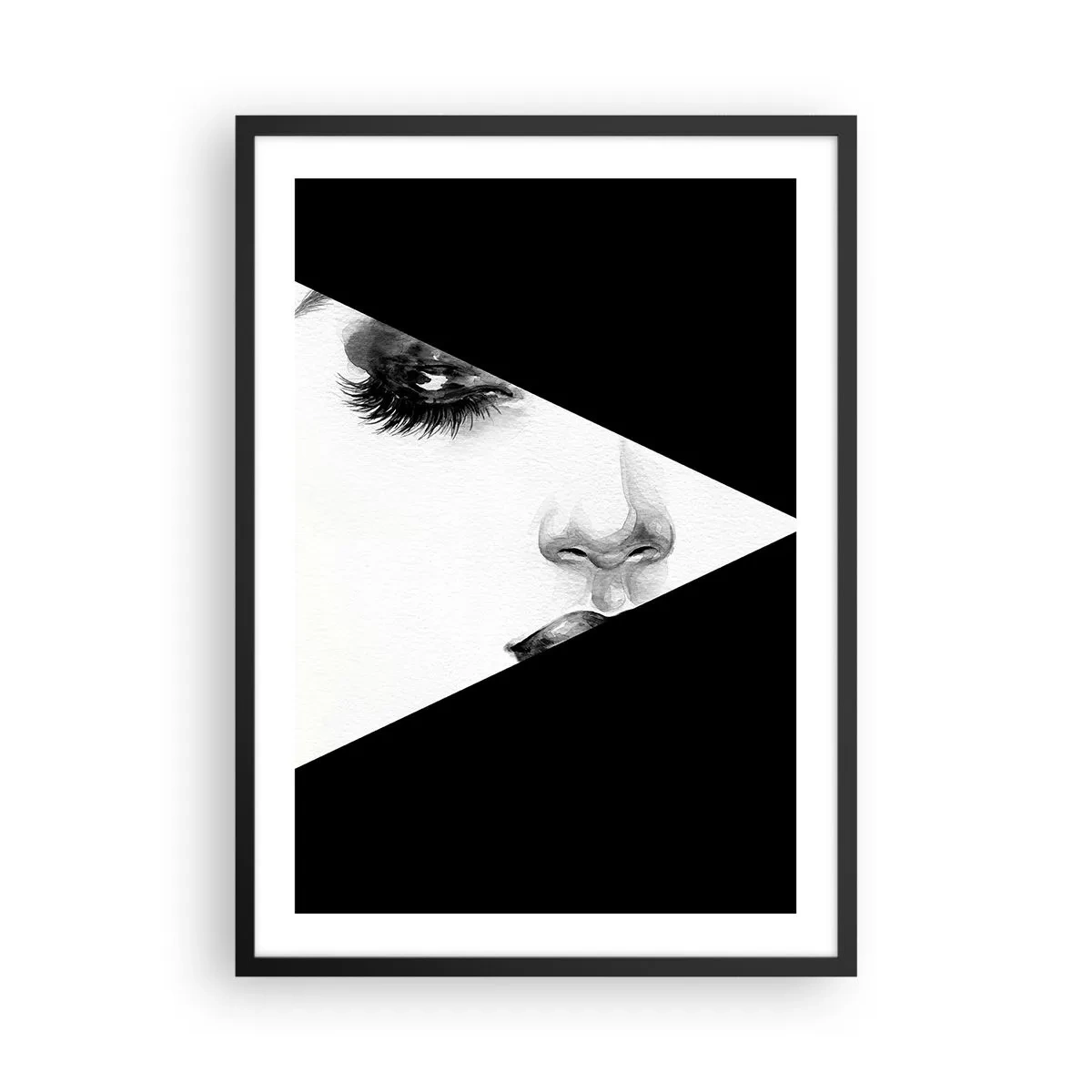 Plakát v černém rámu - Minimalistický portrét ženy v černé a bílé s geometrickým členěním. - 50x70cm - Vždycky neobjevená - Moderní nástěnná dekorace do obývacího pokoje a ložnice ARTTOR