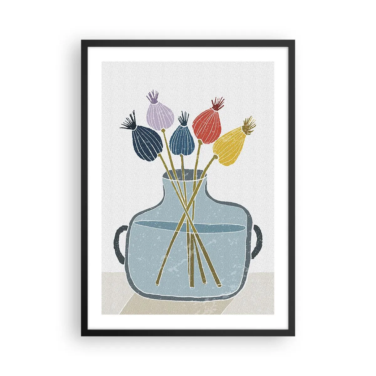 Plakát v černém rámu - Minimalistická kompozice makových hlaviček ve skleněné váze - 50x70cm - Makové květy - Moderní nástěnná dekorace do obývacího pokoje a ložnice ARTTOR