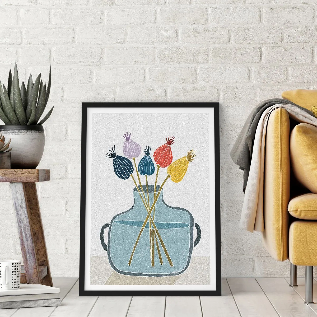 Plakát v černém rámu - Minimalistická kompozice makových hlaviček ve skleněné váze - 50x70cm - Makové květy - Moderní nástěnná dekorace do obývacího pokoje a ložnice ARTTOR
