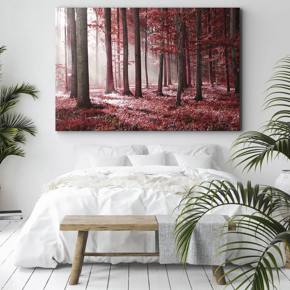 Obraz na plátně - Ohromující les v červených odstínech s paprsky světla pronikajícími skrz stromy - 70x50cm - Červená je stejně krásná - Moderní nástěnná dekorace do obývacího pokoje a ložnice ARTTOR