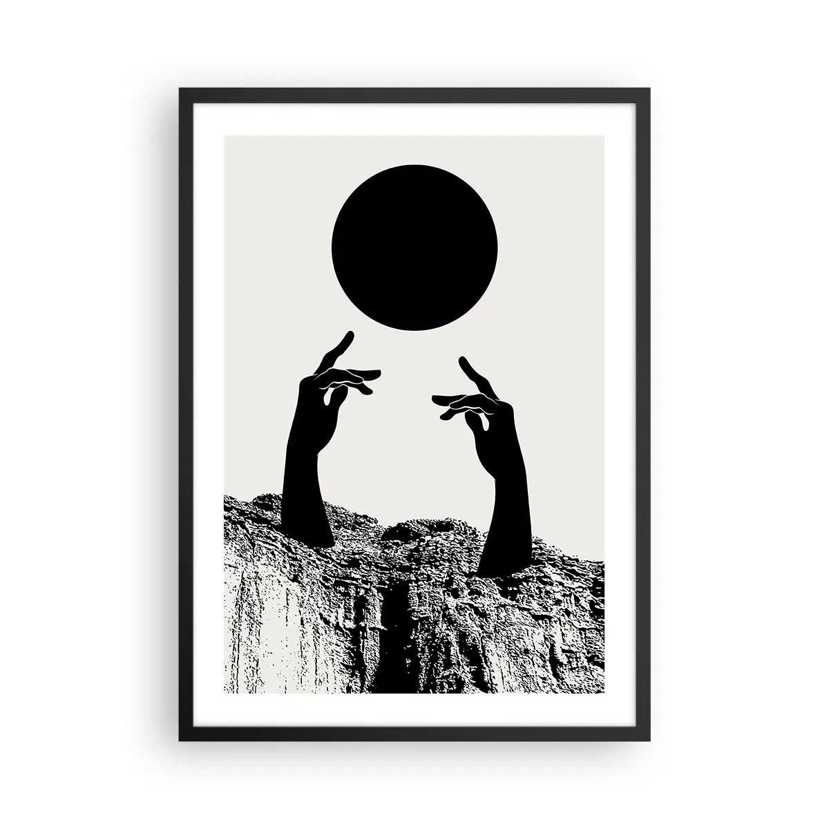 Plakát v černém rámu - Symbolické ruce sahající po černém míči na pozadí skal - 50x70cm - Surrealistická kompozice: slunce a zbytek - Moderní nástěnná dekorace do obývacího pokoje a ložnice ARTTOR
