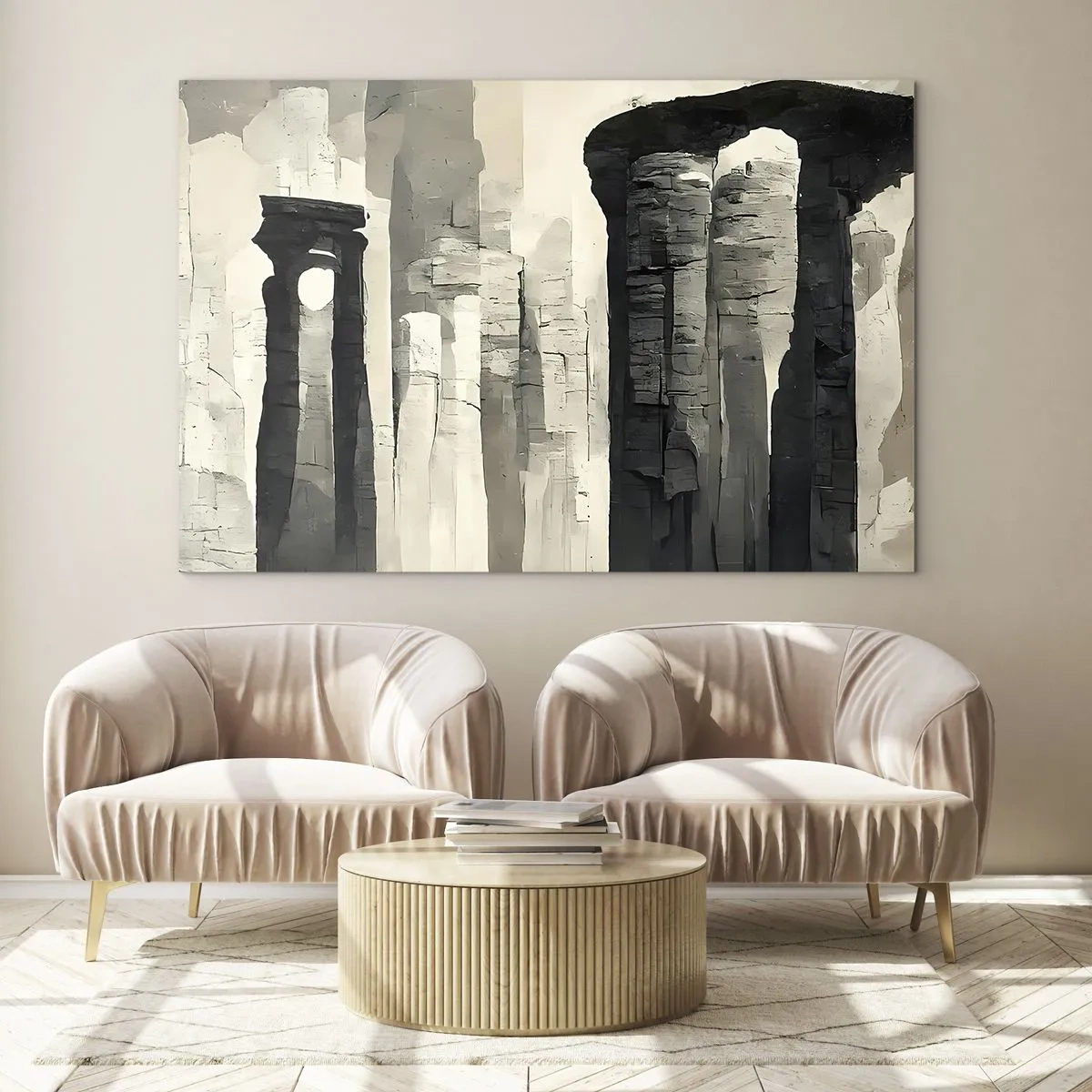 Obraz na skle - Kamenné sloupy v antickém stylu v neutrální barevné paletě - 70x50cm - Majestátnost starožitnosti - Moderní nástěnná dekorace do obývacího pokoje a ložnice ARTTOR