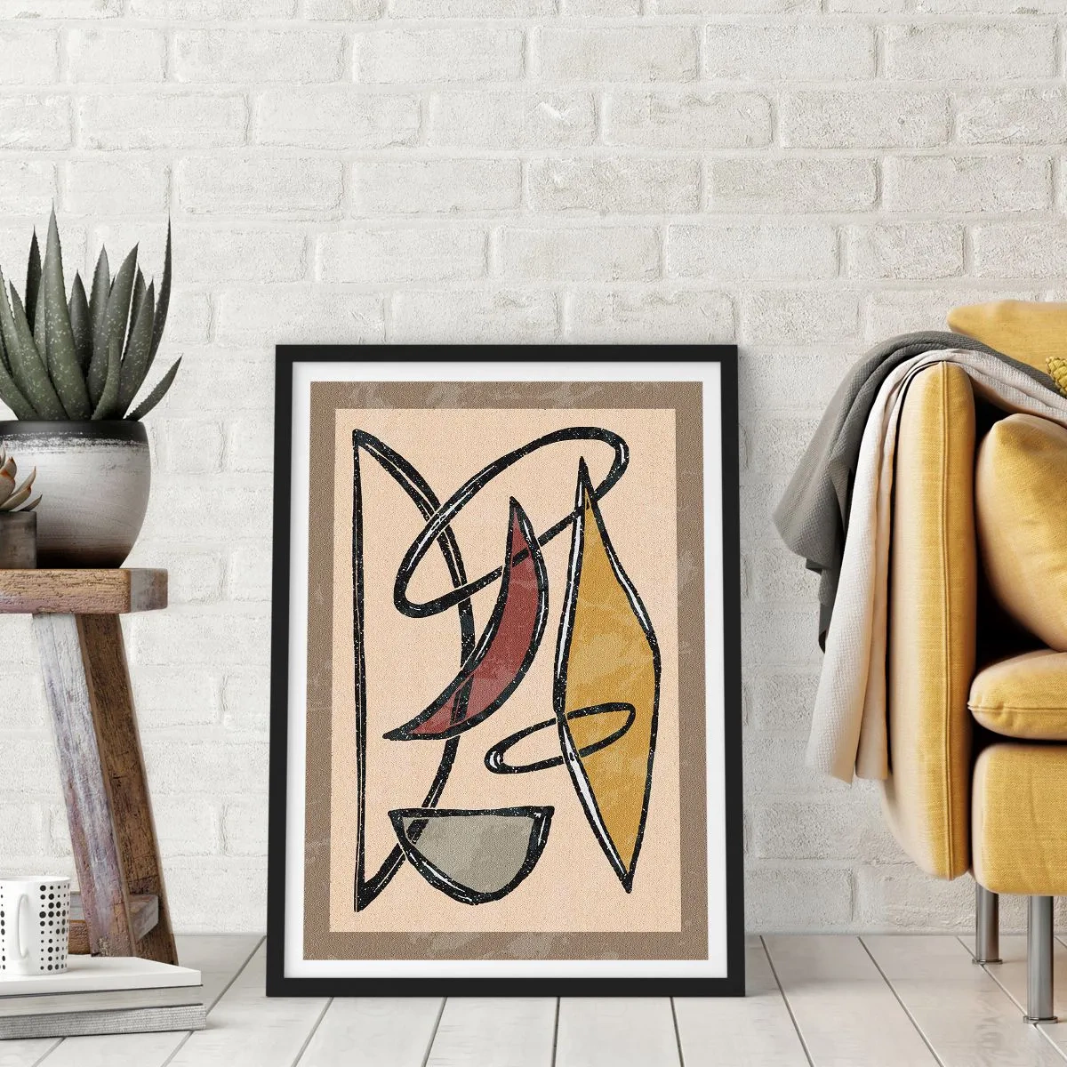 Plakát v černém rámu - Abstraktní geometrická kompozice v odstínech béžové a černé - 50x70cm - Kompozice – oblouky a ovály - Moderní nástěnná dekorace do obývacího pokoje a ložnice ARTTOR