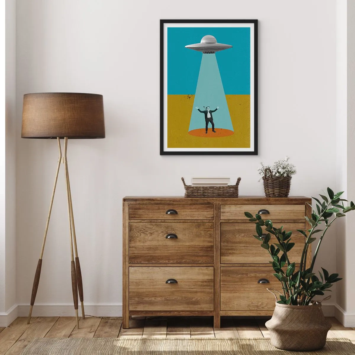 Plakát v černém rámu - Retro ilustrace únosu UFO - 50x70cm - Blízké setkání - Moderní nástěnná dekorace do obývacího pokoje a ložnice ARTTOR