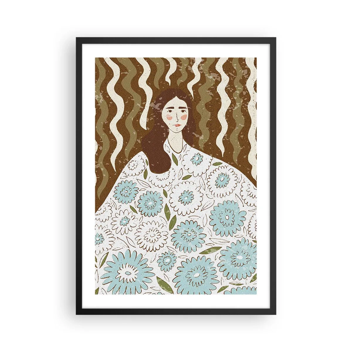 Plakát v černém rámu - Stylizovaný portrét ženy v květinových šatech na pozadí vlnitých vzorů. - 50x70cm - Portrét v květinovém rouchu - Moderní nástěnná dekorace do obývacího pokoje a ložnice ARTTOR