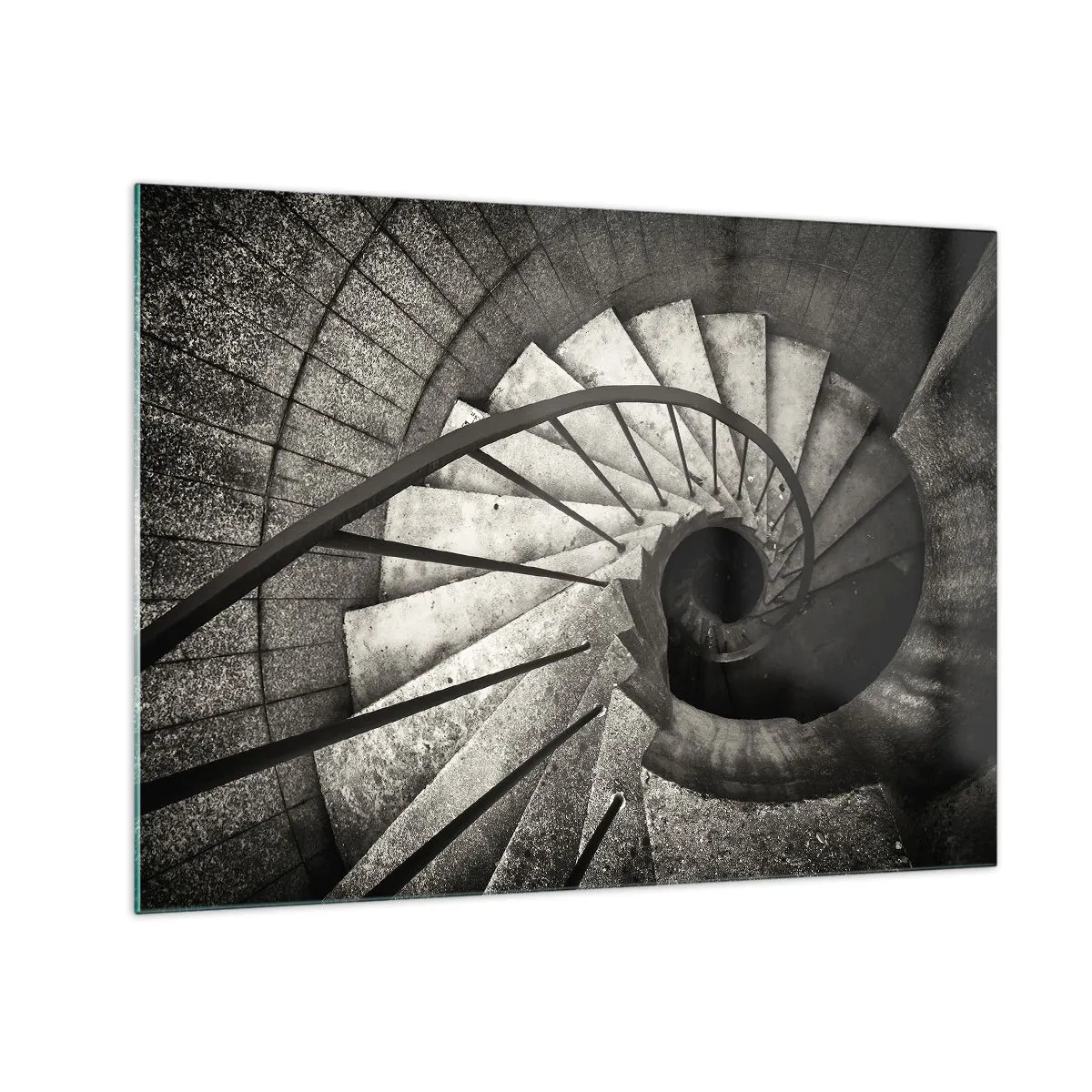 Obraz na skle - Černobílé točité schodiště z ptačí perspektivy - 70x50cm - Nahoru po schodech, dolů po schodech - Moderní nástěnná dekorace do obývacího pokoje a ložnice ARTTOR
