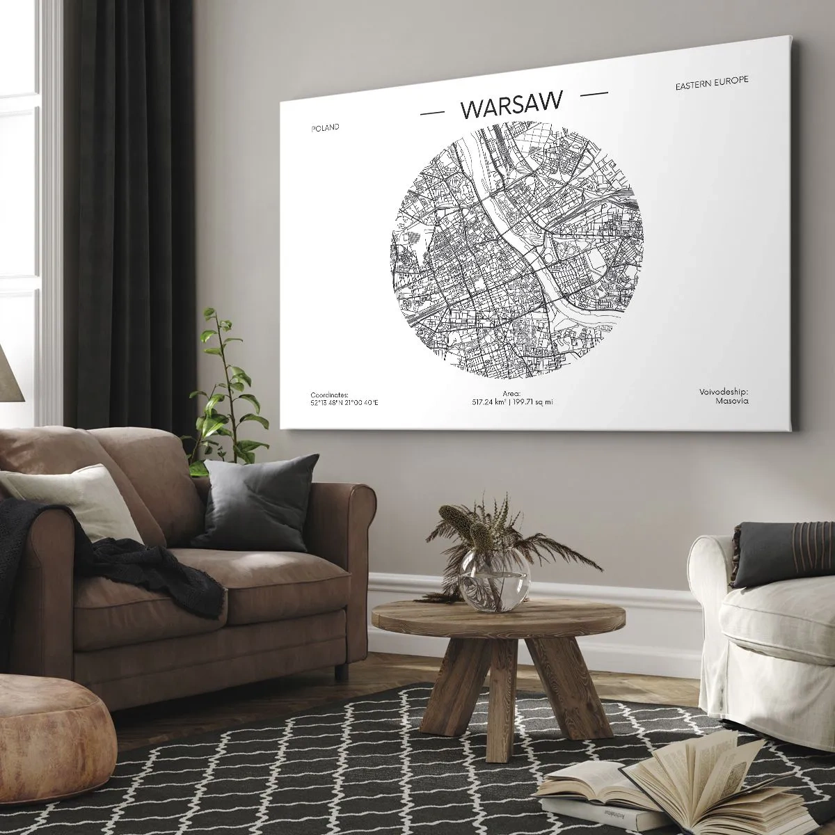 Obraz na plátně - Mapa Varšavy v minimalistickém stylu - 70x50cm - Anatomie Varšavy - Moderní nástěnná dekorace do obývacího pokoje a ložnice ARTTOR