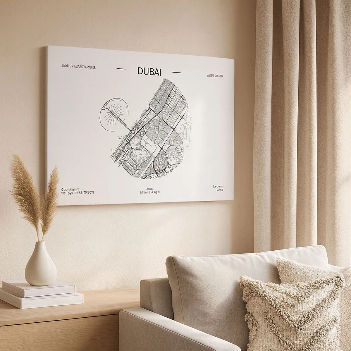 Obraz na plátně - Minimalistická černobílá mapa Dubaje s vyznačenými polohami. - 70x50cm - Anatomie Dubaje - Moderní nástěnná dekorace do obývacího pokoje a ložnice ARTTOR