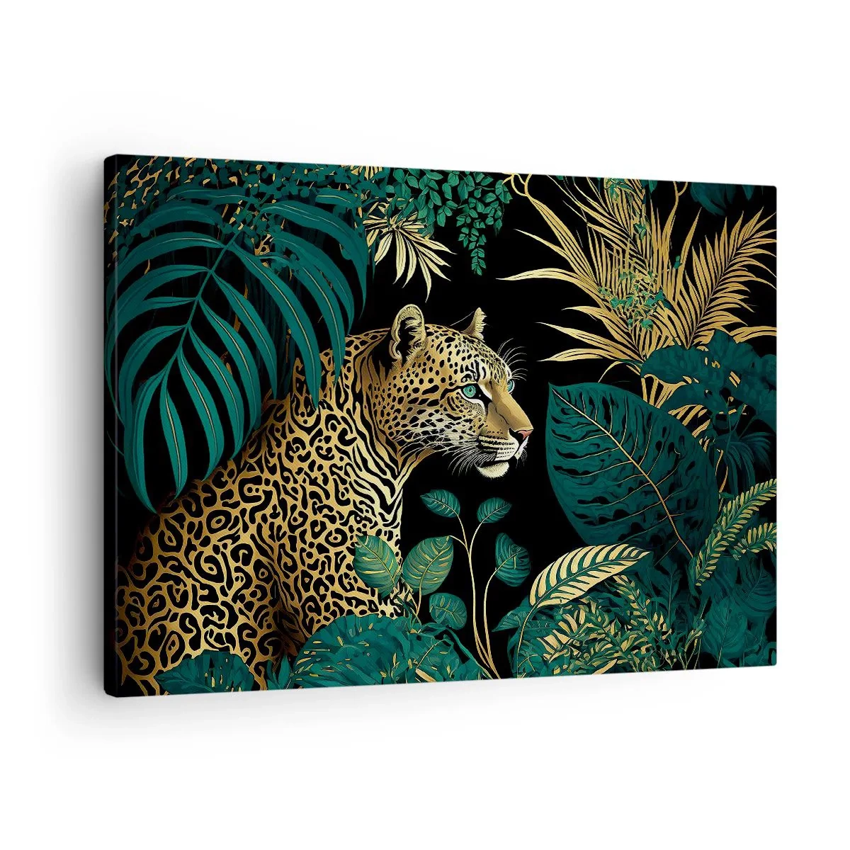 Obraz na plátně - Leopard v tropických listech na černém pozadí - 70x50cm - Domácí v džungli - Moderní nástěnná dekorace do obývacího pokoje a ložnice ARTTOR