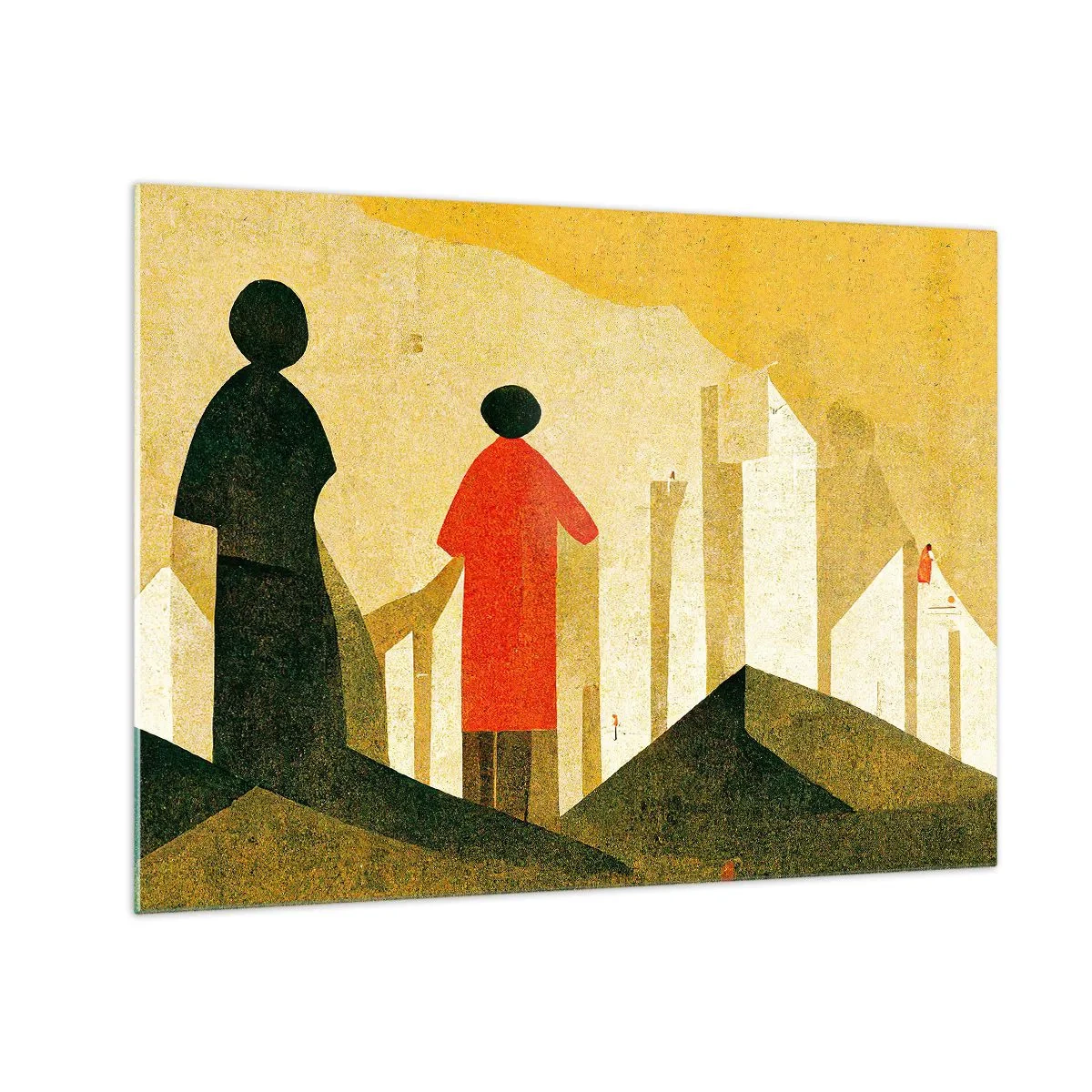 Obraz na skle - Geometrické siluety postav mezi vysokými formami na pozadí žluté oblohy - 70x50cm - Ještě hodně daleko - Moderní nástěnná dekorace do obývacího pokoje a ložnice ARTTOR