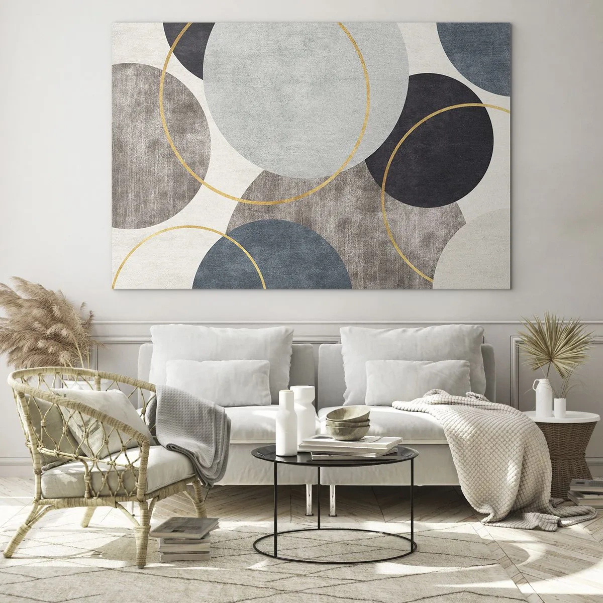 Obraz na skle - Kompozice kruhů v tlumených barvách - 70x50cm - Kruh za kruhem - Moderní nástěnná dekorace do obývacího pokoje a ložnice ARTTOR