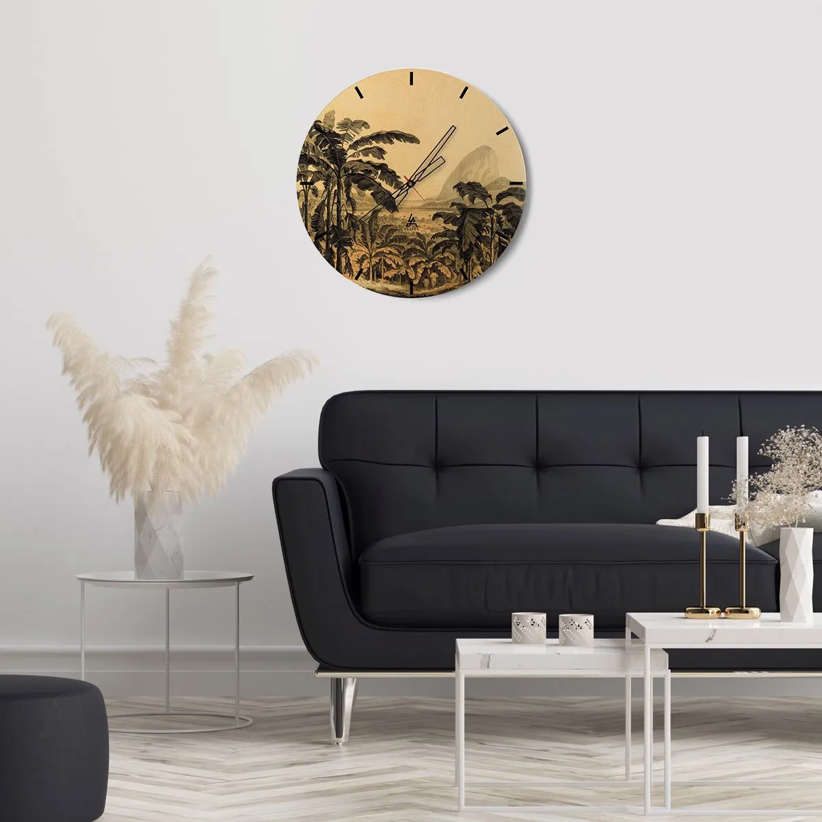 Nástěnné hodiny - Banány a retro tropická krajina - 30x30cm - V koloniálním stylu - Moderní nástěnná dekorace do obývacího pokoje, kuchyně a ložnice ARTTOR