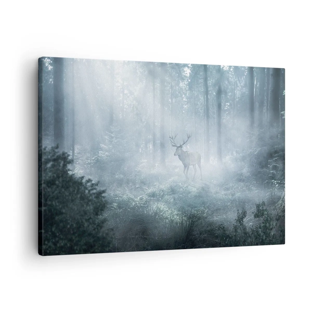 Obraz na plátně - Jelen v hustém lese zahalený v ranní mlze - 70x50cm - Ranní obchůzka sídliště - Moderní nástěnná dekorace do obývacího pokoje a ložnice ARTTOR