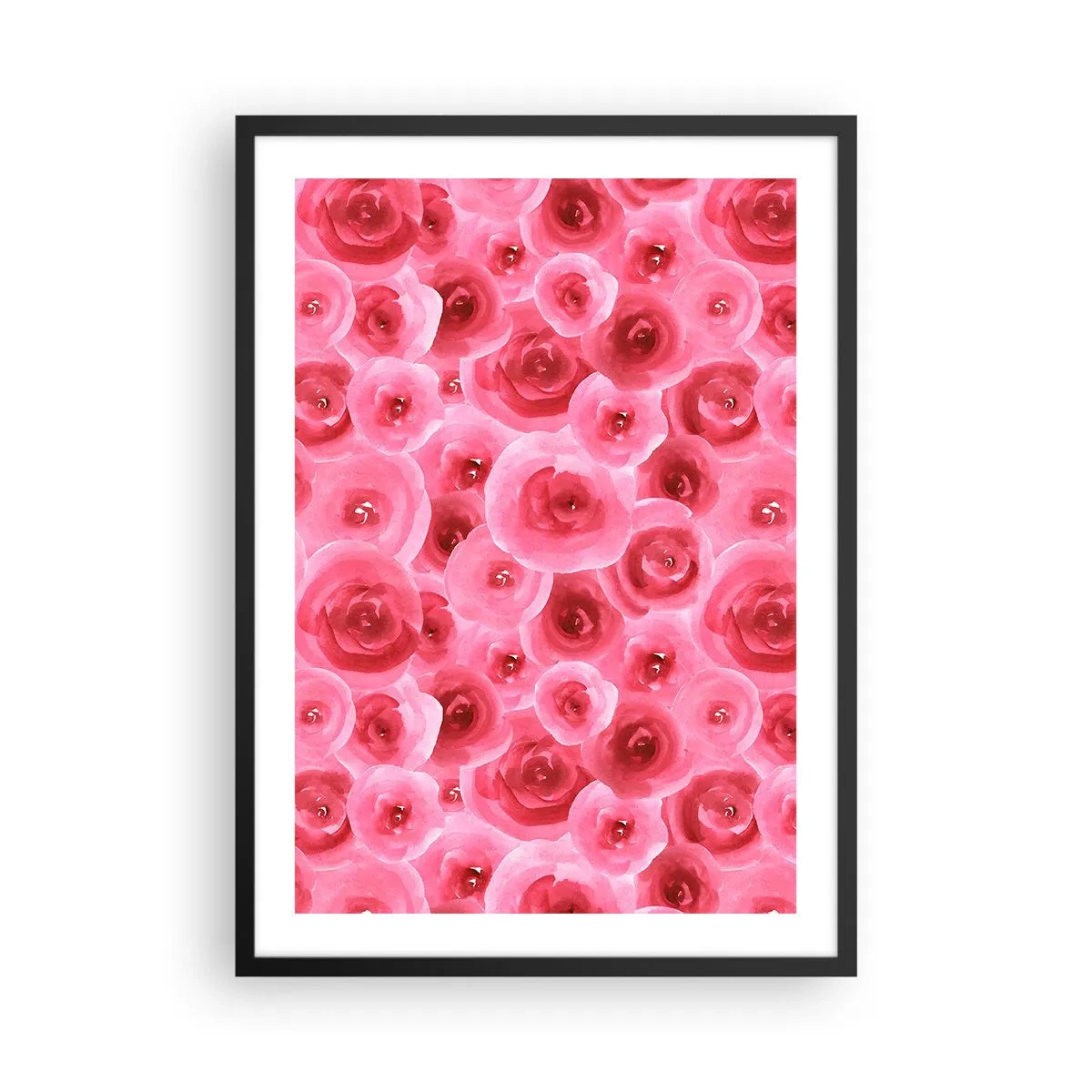 Plakát v černém rámu - Akvarel růžových růží v romantickém stylu - 50x70cm - Růže dole i nahoře - Moderní nástěnná dekorace do obývacího pokoje a ložnice ARTTOR