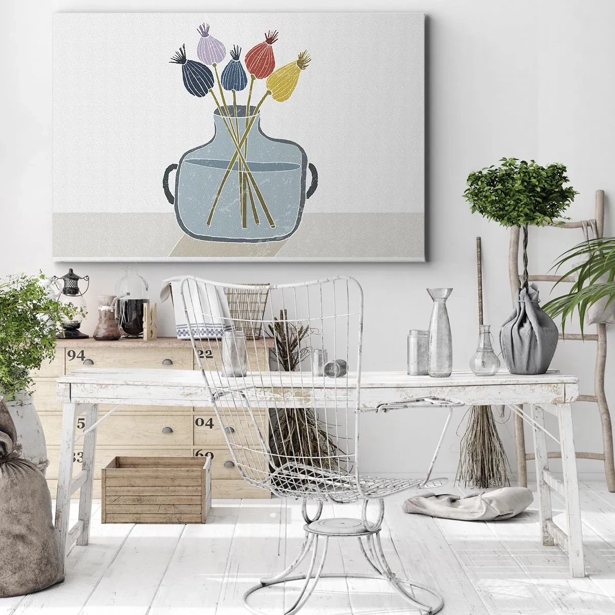 Obraz na plátně - Barevné suché květiny ve váze na bílém pozadí - 70x50cm - Makové květy - Moderní nástěnná dekorace do obývacího pokoje a ložnice ARTTOR