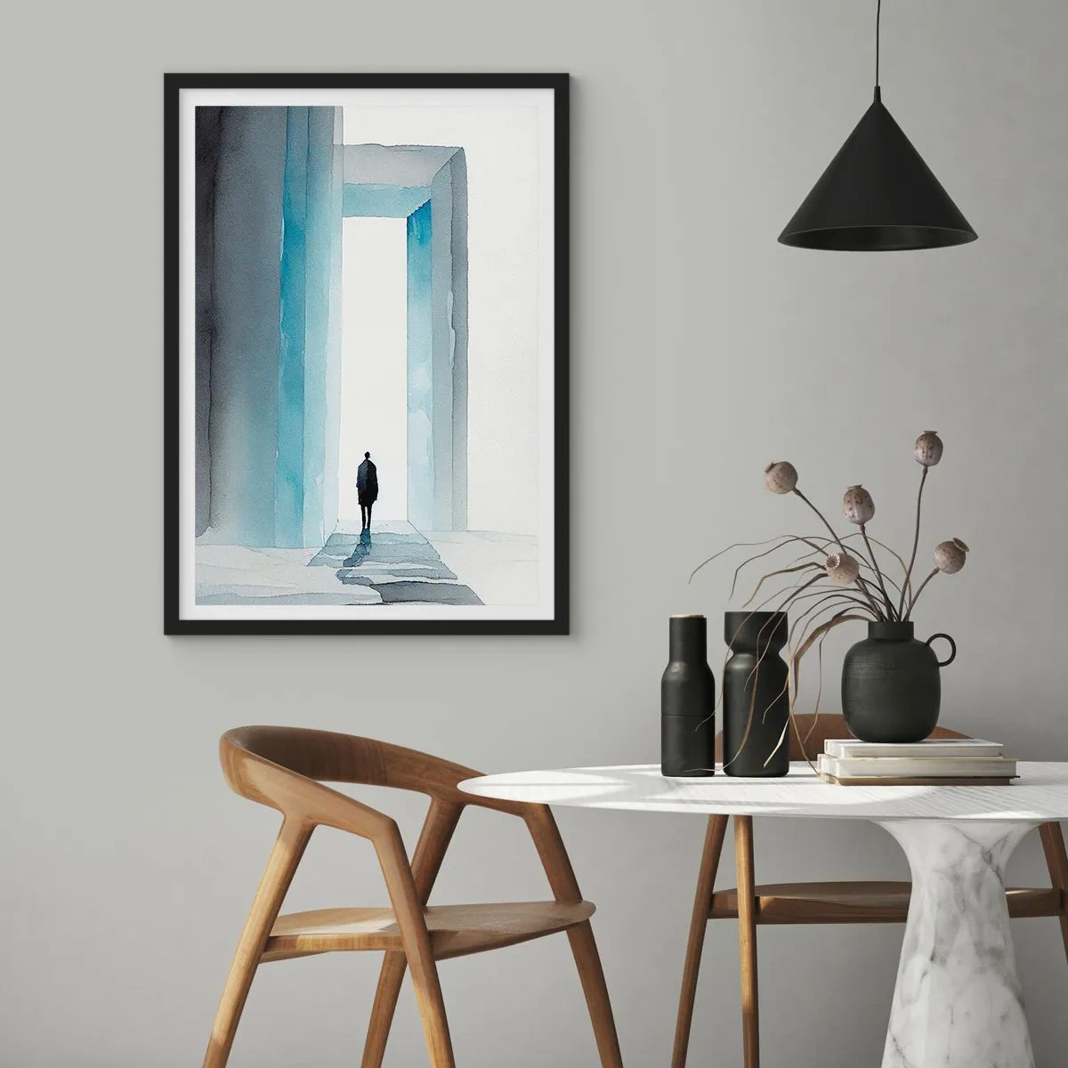 Plakát v černém rámu - Postava procházející modrou branou, symbolizující svobodu a neomezené možnosti - 50x70cm - Žij bez omezení - Moderní nástěnná dekorace do obývacího pokoje a ložnice ARTTOR