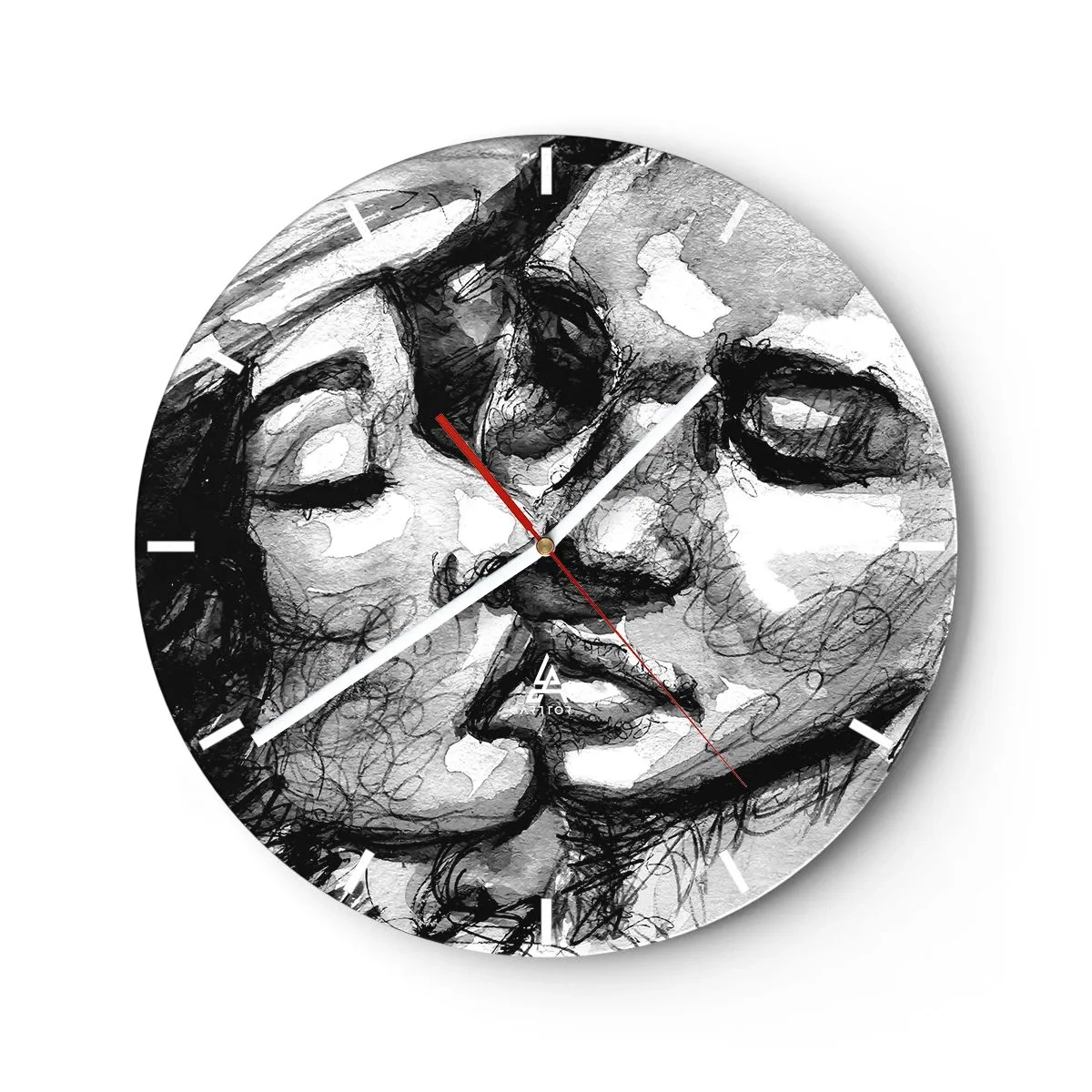 Nástěnné hodiny - Černobílá skica líbajícího se páru - 30x30cm - Něžný okamžik - Moderní nástěnná dekorace do obývacího pokoje, kuchyně a ložnice ARTTOR