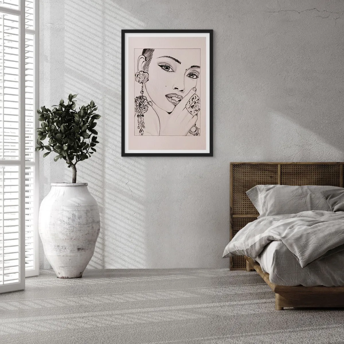 Plakát v černém rámu - Náčrt ženy nosí okouzlující šperky - 50x70cm - Nejkrásnější klenot - Moderní nástěnná dekorace do obývacího pokoje a ložnice ARTTOR