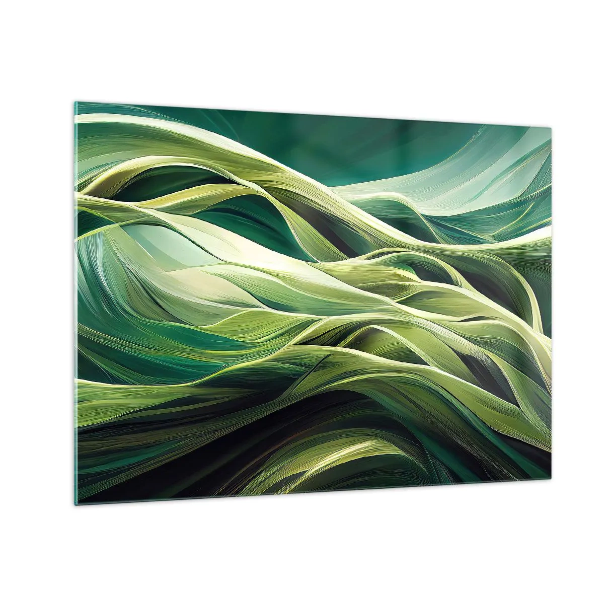 Obraz na skle - Abstraktní zelené vlny s organickými tvary - 70x50cm - Abstraktní hra na zelenou - Moderní nástěnná dekorace do obývacího pokoje a ložnice ARTTOR