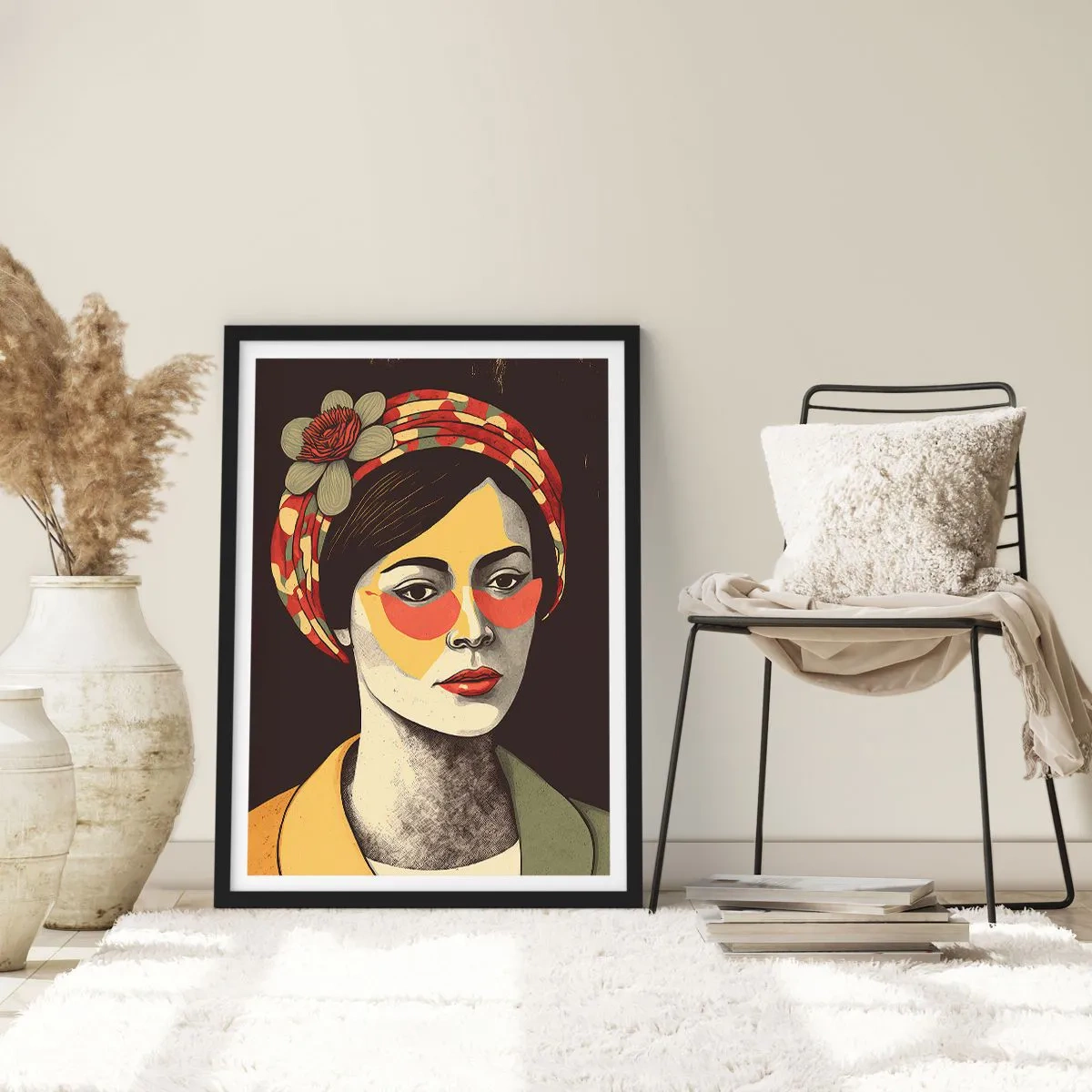 Plakát v černém rámu - Stylizovaný portrét ženy v turbanu s květinovým akcentem - 50x70cm - Korálová dáma - Moderní nástěnná dekorace do obývacího pokoje a ložnice ARTTOR
