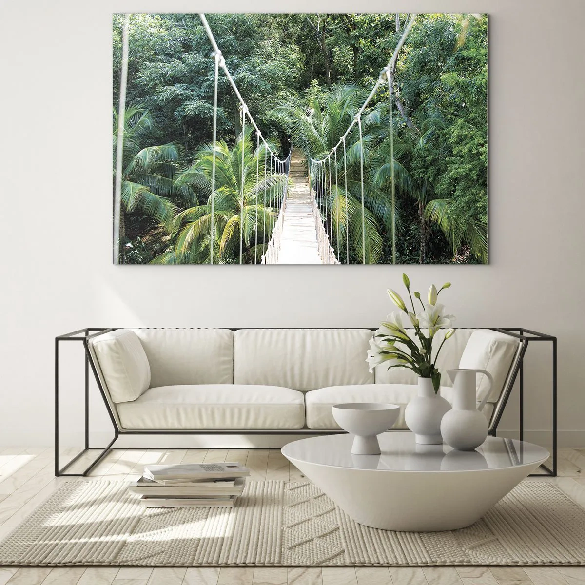 Obraz na skle - Visutý most v tropickém lese - 70x50cm - Welcome to the jungle! - Moderní nástěnná dekorace do obývacího pokoje a ložnice ARTTOR