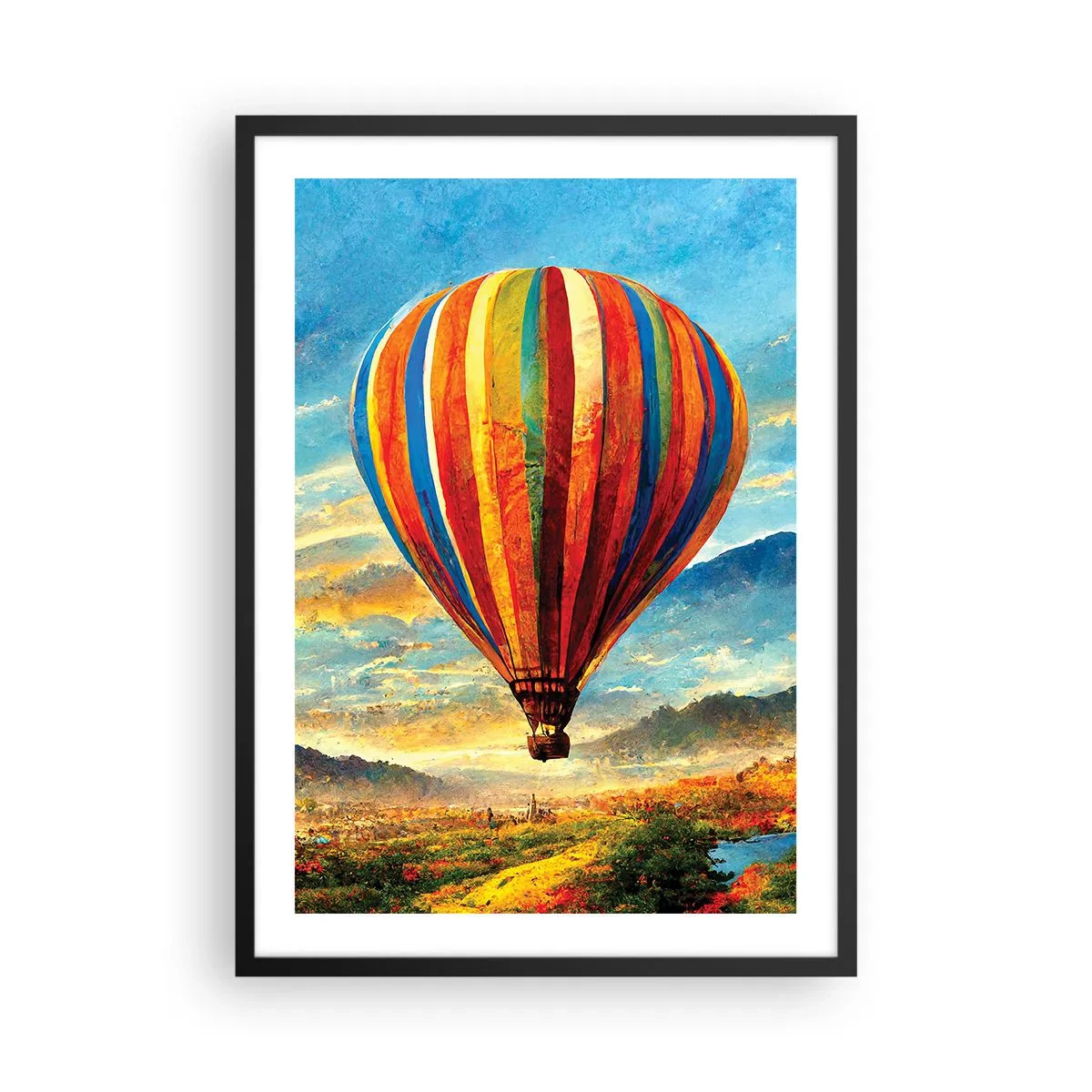 Plakát v černém rámu - Barevný balón nad malebnou krajinou - 50x70cm - V tichu je toho vidět víc - Moderní nástěnná dekorace do obývacího pokoje a ložnice ARTTOR