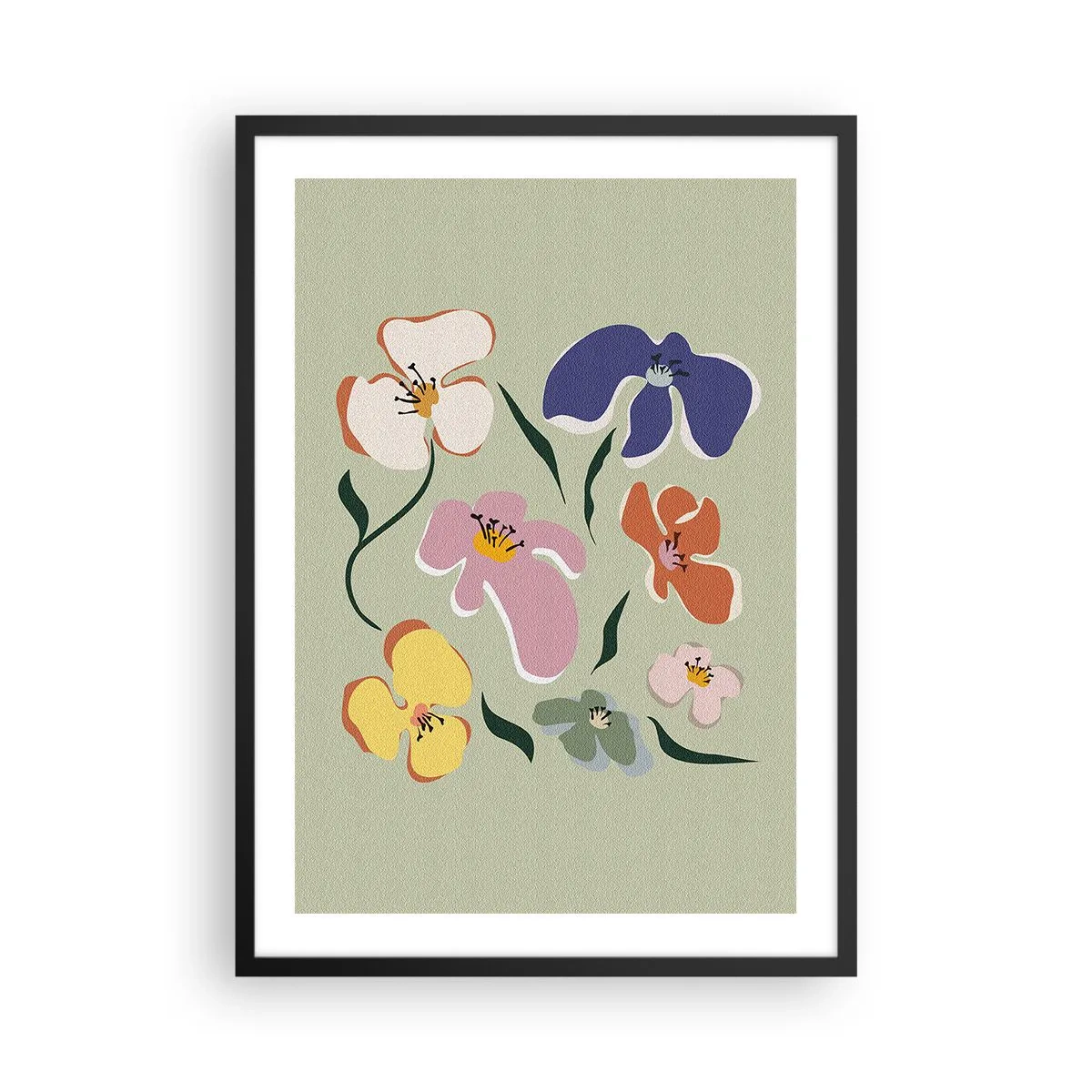 Plakát v černém rámu - Barevné květiny na zeleném pozadí v uměleckém stylu - 50x70cm - Macešky - Moderní nástěnná dekorace do obývacího pokoje a ložnice ARTTOR