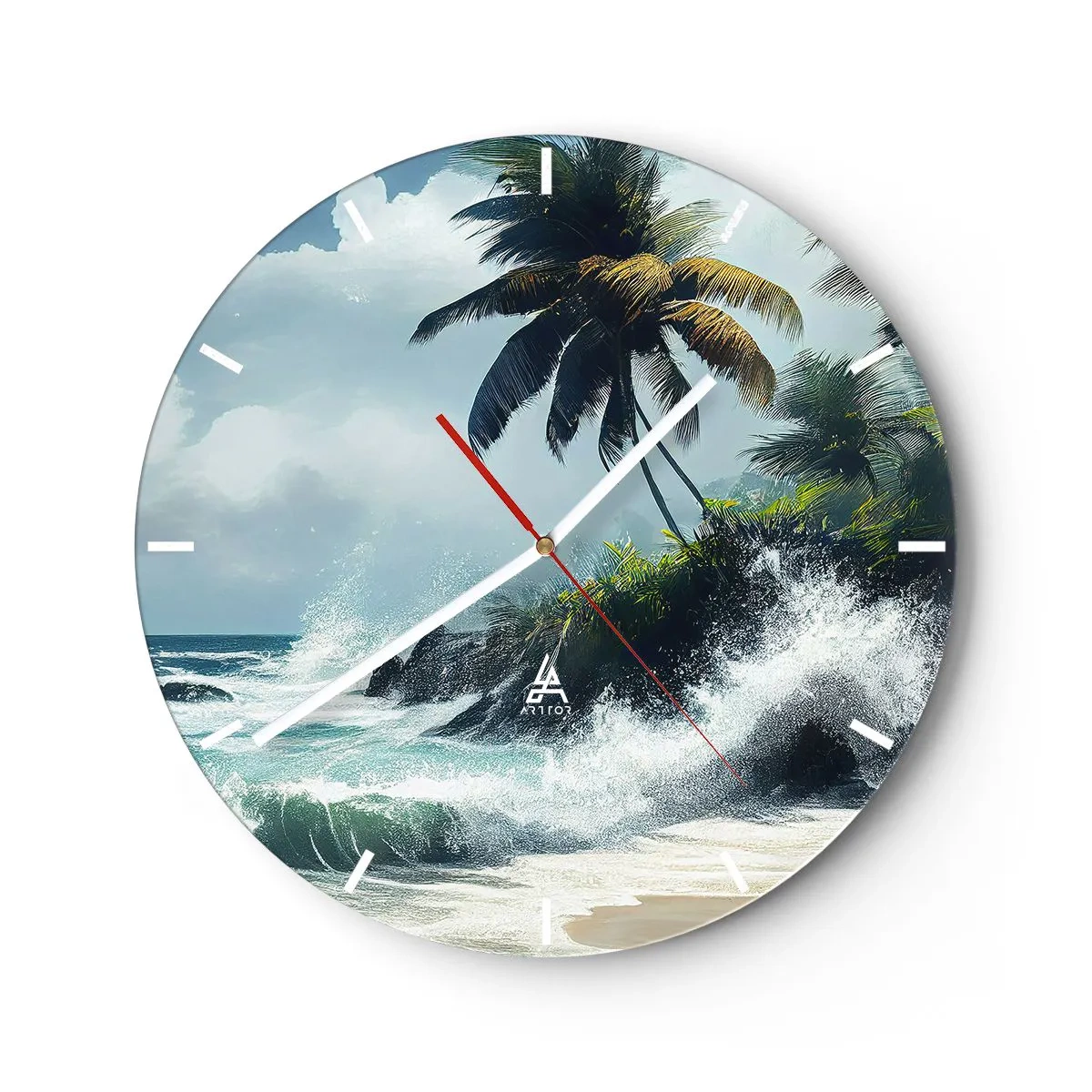 Nástěnné hodiny - Tropická pláž s palmami a tříštícími se oceánskými vlnami - 30x30cm - Na tropickém pobřeží - Moderní nástěnná dekorace do obývacího pokoje, kuchyně a ložnice ARTTOR