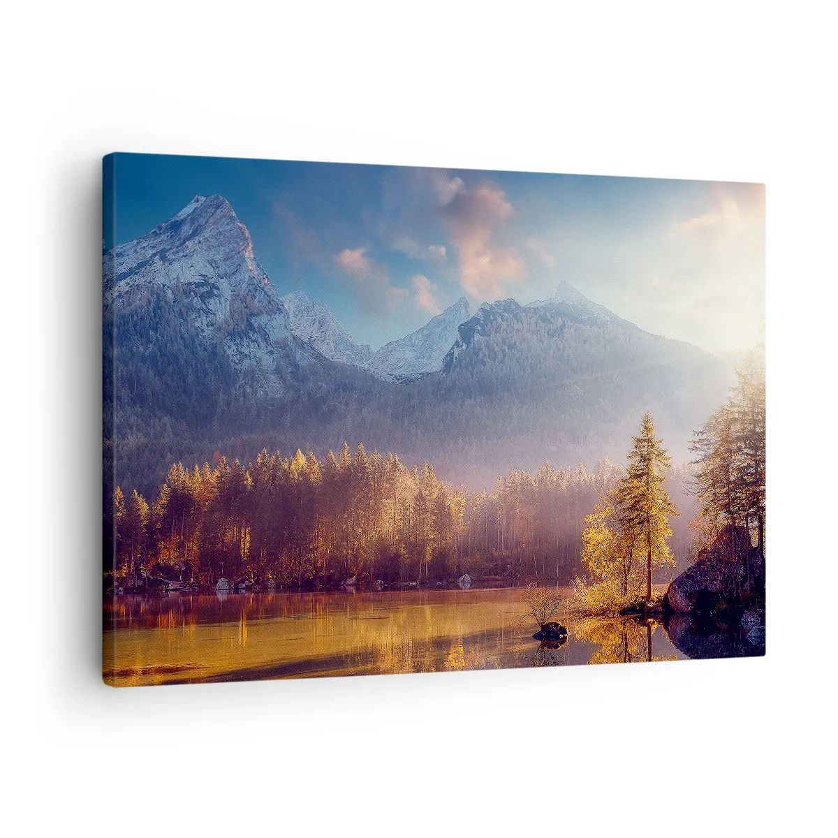 Obraz na plátně - Malebný výhled na horský les a jezero za úsvitu - 70x50cm - V horách a údolích - Moderní nástěnná dekorace do obývacího pokoje a ložnice ARTTOR