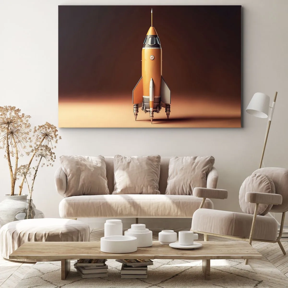 Obraz na plátně - Raketa v retro stylu na pozadí hnědých tónů - 70x50cm - Začíná to snem - Moderní nástěnná dekorace do obývacího pokoje a ložnice ARTTOR