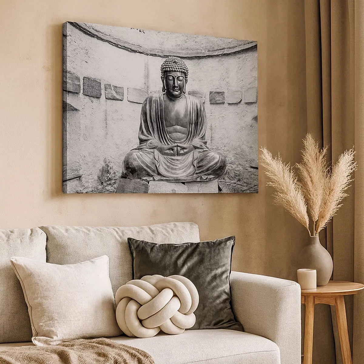 Obraz na plátně - Černá a bílá socha Buddhy v meditativní póze - 70x50cm - U zdroje klidu - Moderní nástěnná dekorace do obývacího pokoje a ložnice ARTTOR
