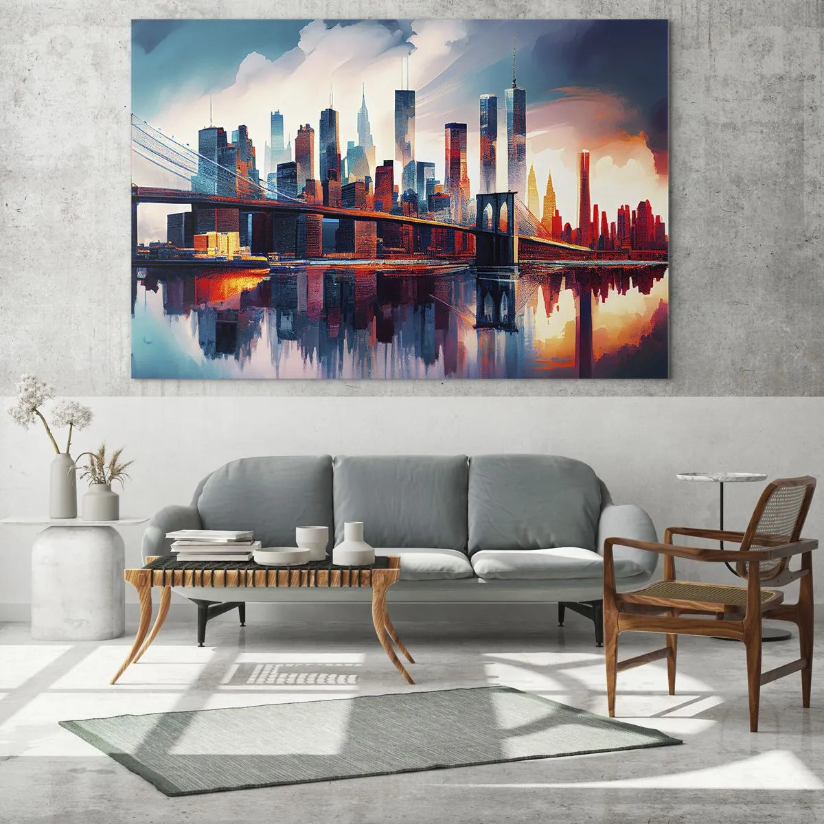 Obraz na skle - Panorama města s mostem proti barevné obloze a odrazem ve vodě - 70x50cm - Famózní New York - Moderní nástěnná dekorace do obývacího pokoje a ložnice ARTTOR