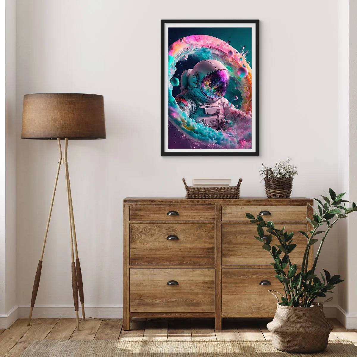 Plakát v černém rámu - Astronaut ve vesmírném prostředí plném barevných mlhovin - 50x70cm - Hvězdná brána - Moderní nástěnná dekorace do obývacího pokoje a ložnice ARTTOR