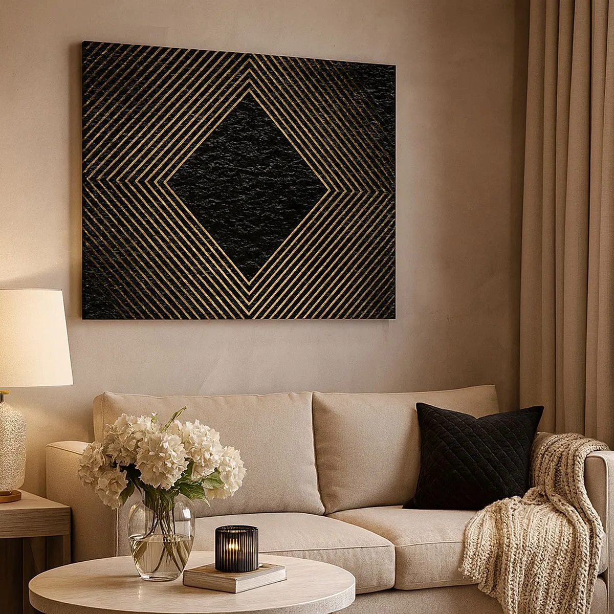 Obraz na plátně - Černé pozadí s geometrickým vzorem zlatých čar - 70x50cm - Geometrie ve stylu glamour - Moderní nástěnná dekorace do obývacího pokoje a ložnice ARTTOR