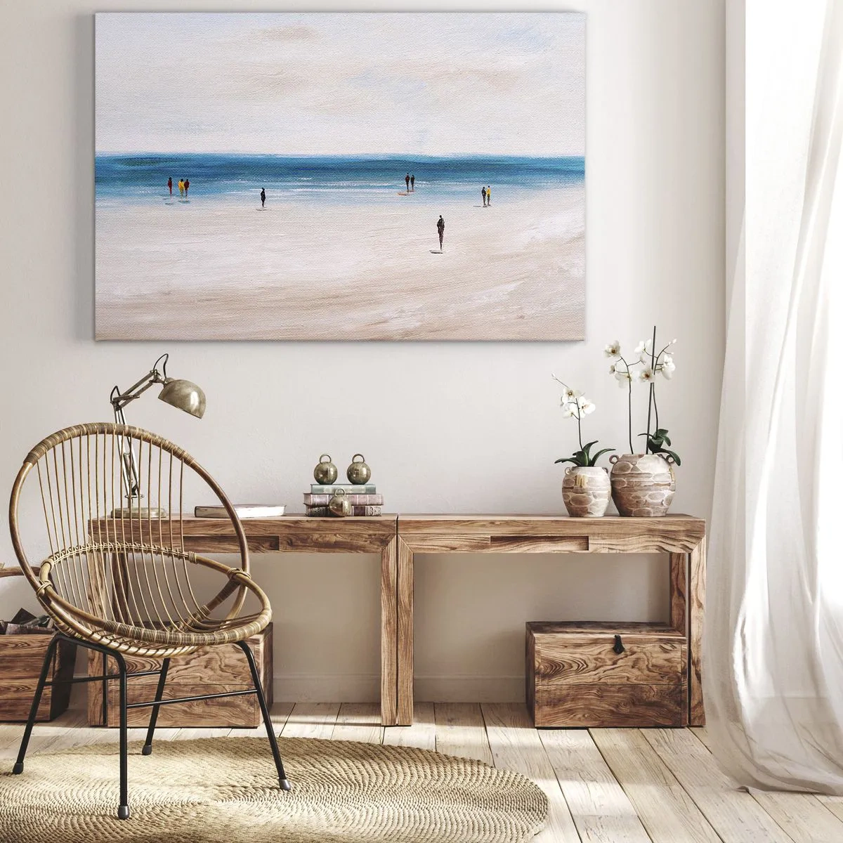 Obraz na plátně - Pláž s lidmi na pozadí klidného moře - 70x50cm - Přirozená potřeba - Moderní nástěnná dekorace do obývacího pokoje a ložnice ARTTOR