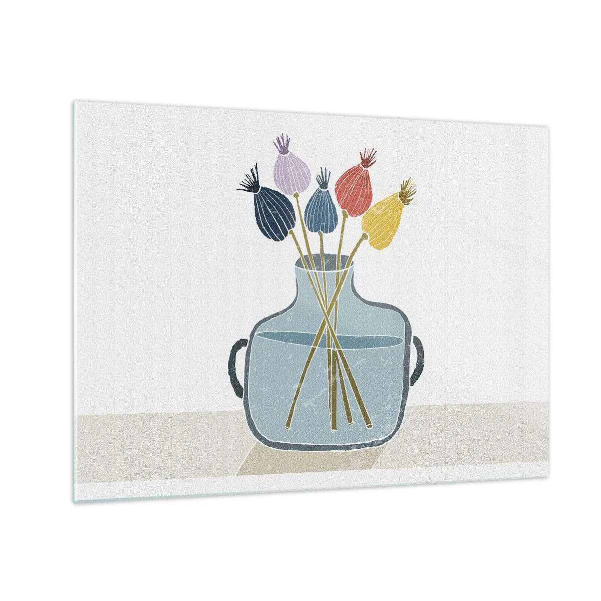 Obraz na skle - Dekorativní makové hlavy ve džbánu v grafickém stylu - 70x50cm - Makové květy - Moderní nástěnná dekorace do obývacího pokoje a ložnice ARTTOR
