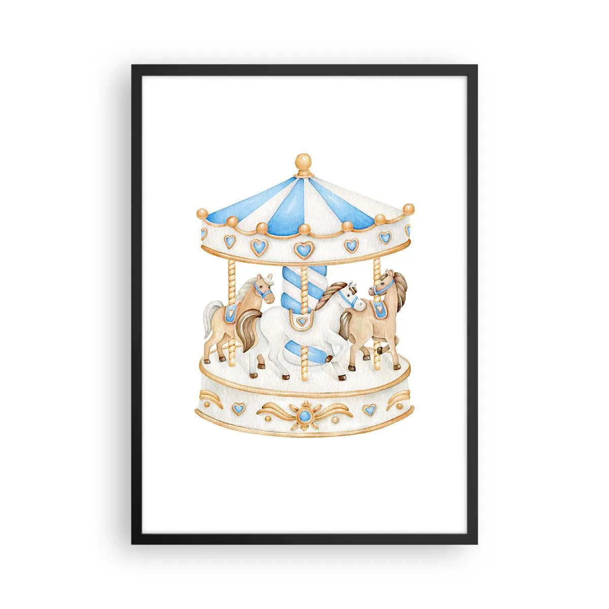 Plakát v černém rámu - Akvarelové kolotoč v pastelových odstínech modré a zlaté - 50x70cm - Sladké dětství - Moderní nástěnná dekorace do obývacího pokoje a ložnice ARTTOR