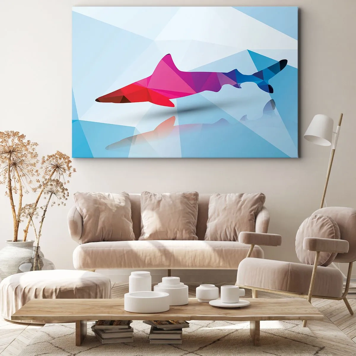 Obraz na plátně - Geometrická silueta žraloka v odstínech růžové a modré - 70x50cm - Žralok v krystalickém prostoru - Moderní nástěnná dekorace do obývacího pokoje a ložnice ARTTOR