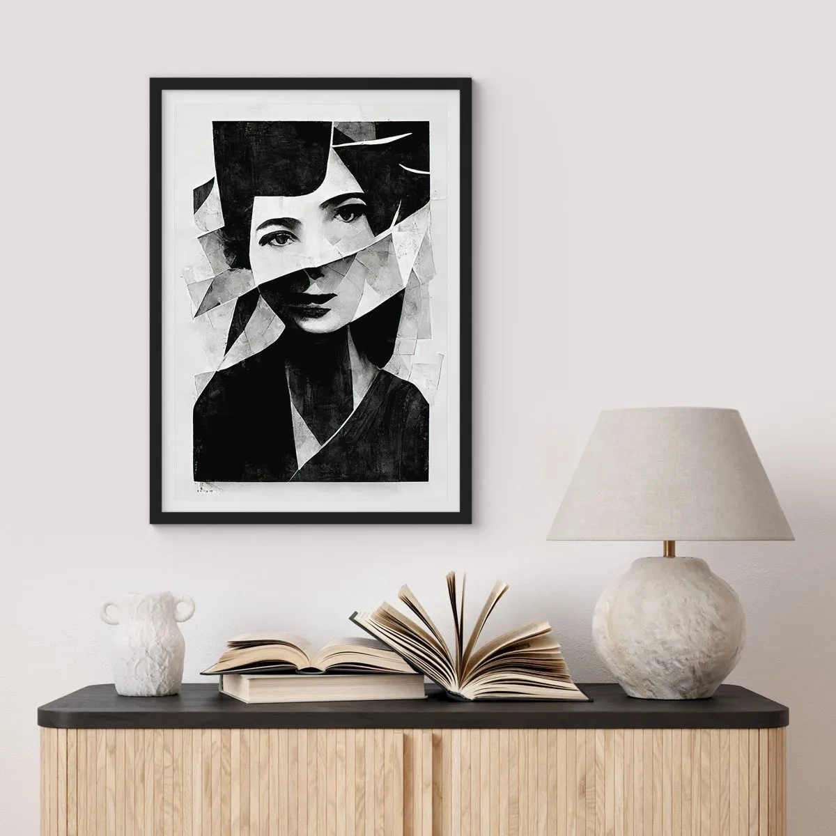 Plakát v černém rámu - Portrét ženy v abstraktní kompozici - 50x70cm - Něco o tobě… - Moderní nástěnná dekorace do obývacího pokoje a ložnice ARTTOR