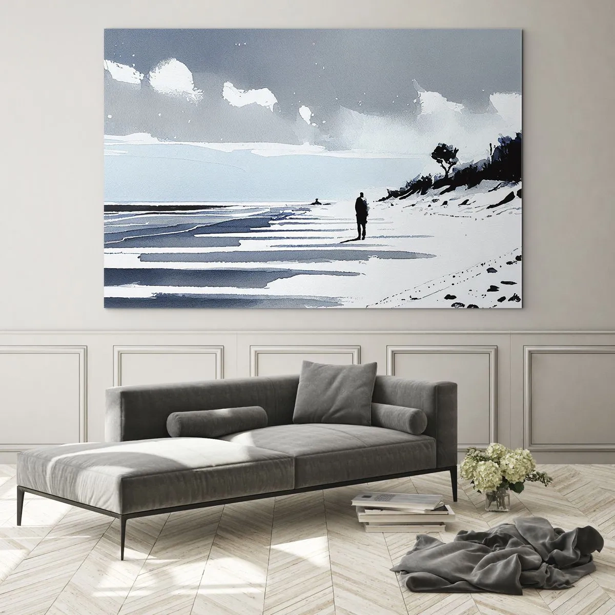 Obraz na skle - Silueta osamělého člověka kráčejícího po prázdné pláži - 70x50cm - O samotě - Moderní nástěnná dekorace do obývacího pokoje a ložnice ARTTOR