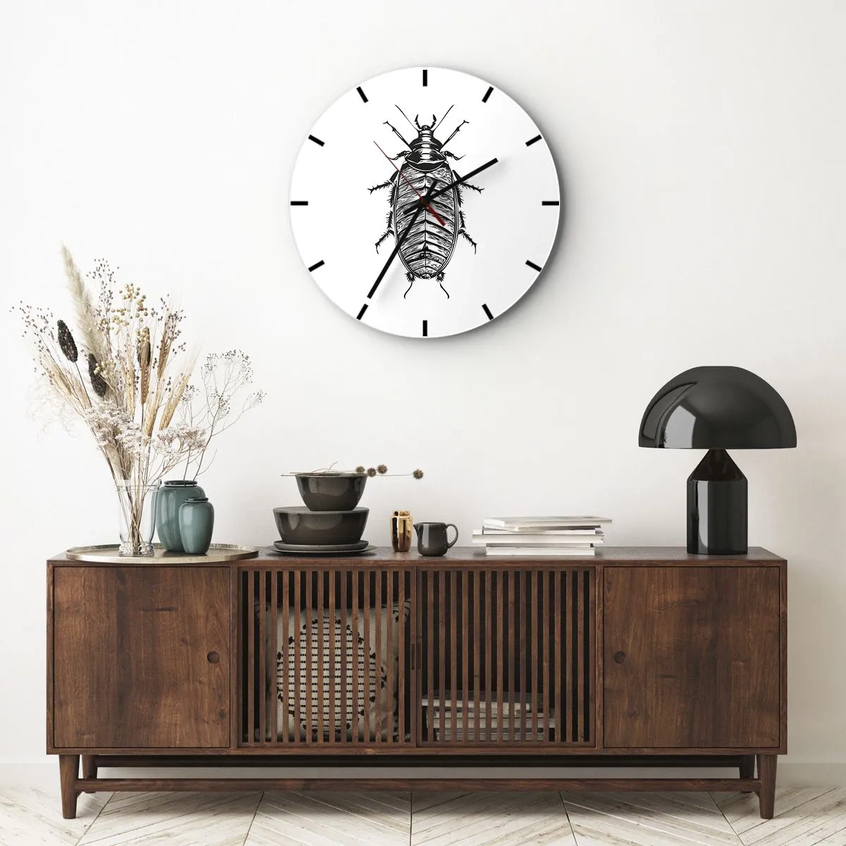 Nástěnné hodiny - Grafika hmyzu ve stylu rytiny na bílém pozadí - 30x30cm - Vzorový exemplář! - Moderní nástěnná dekorace do obývacího pokoje, kuchyně a ložnice ARTTOR