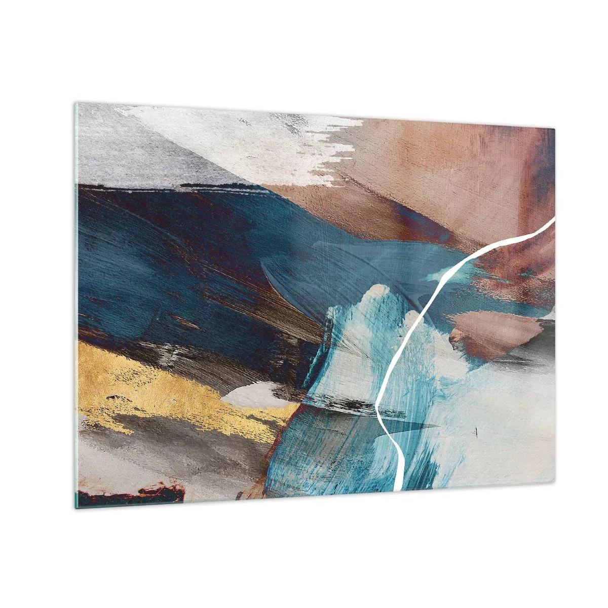 Obraz na skle - Abstraktní kompozice v tyrkysové, zlaté a hnědé barvě. - 70x50cm - Na plno a s energií - Moderní nástěnná dekorace do obývacího pokoje a ložnice ARTTOR